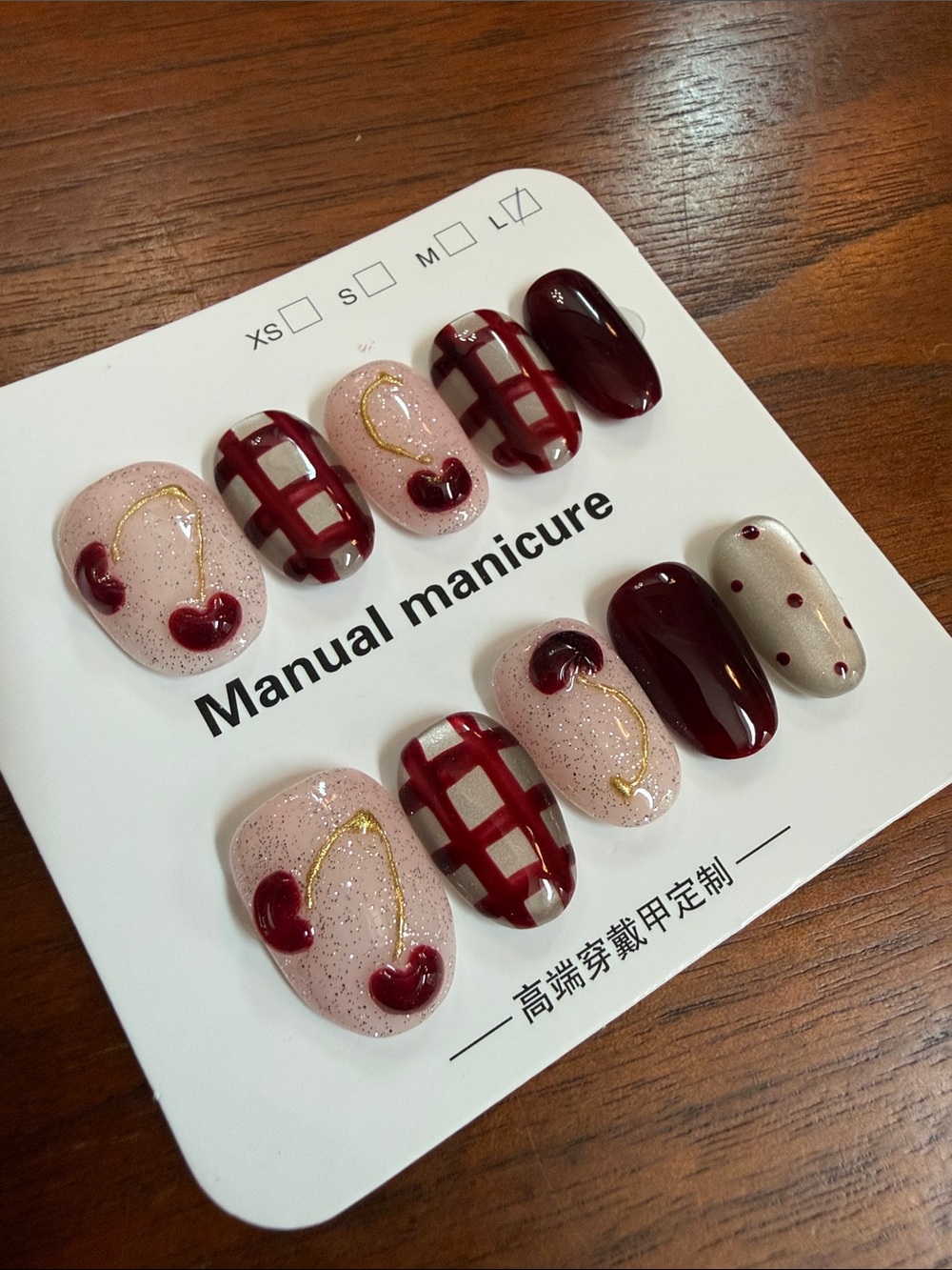 3D Burgundy Cherry & Plaid Press-On Polkadot Nails handmade